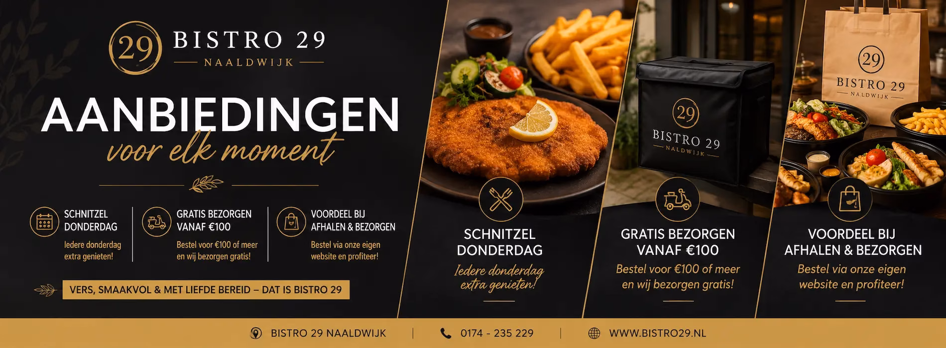Aanbiedingen bij Bistro 29 in Naaldwijk met Schnitzel Donderdag, gratis bezorgen vanaf €100 en voordeel bij afhalen en bezorgen